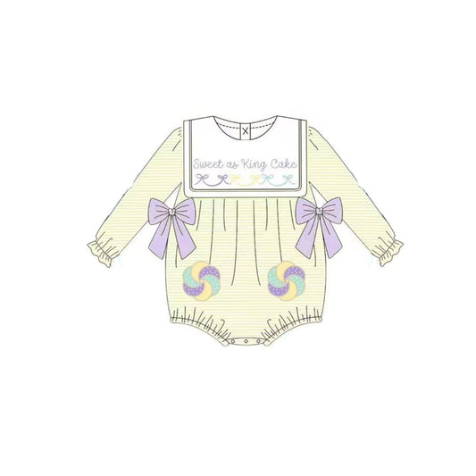 presale LR2770 Baby Girls Mardigras Sweet as King Cake Stripe Bows Ruffle Rompers  D 1008