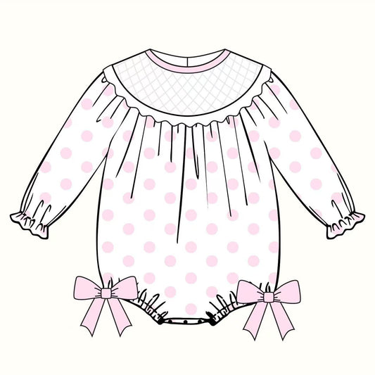 presale LR2772 Baby Girls Light Pink Polka Dots Bows Valentine Ruffle Sleeve Rompers D 1008
