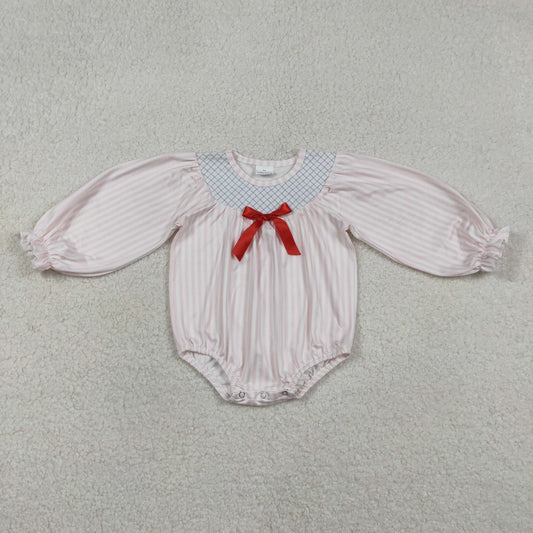 Embroidery Checked Baby Girls Rompers Pink Stripe Bows Ruffle Design Cute Baby Girl Outfit