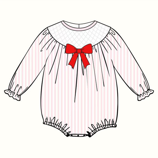 presale LR2773 Baby Girls Light Pink Stripe Red Bows Valentine Ruffle Sleeve Rompers  D 1008