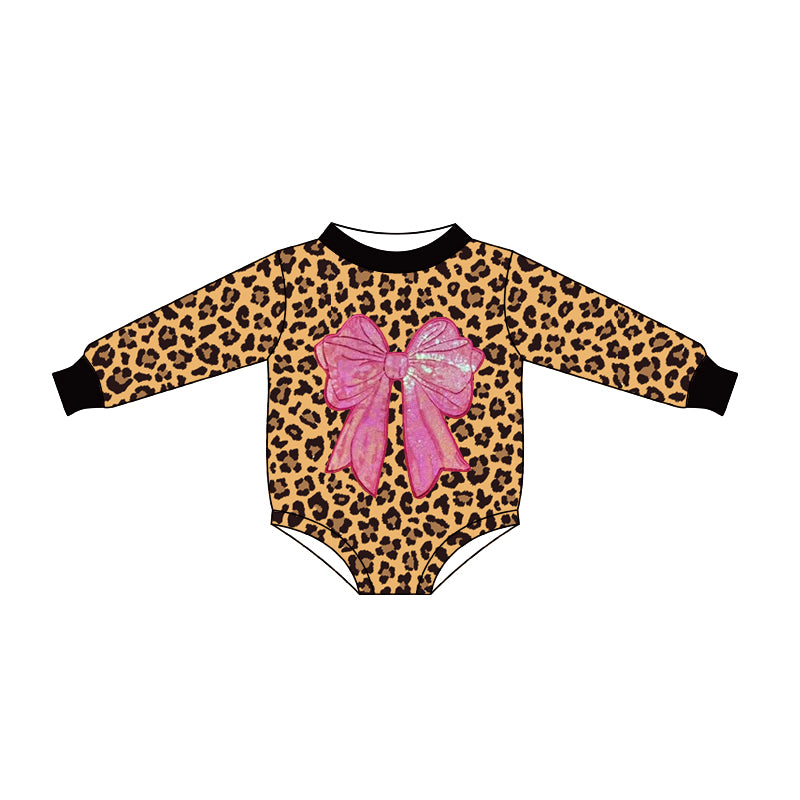presale LR2775  Baby Girls Long Sleeve Leopard Pink Bows Rompers D 1013