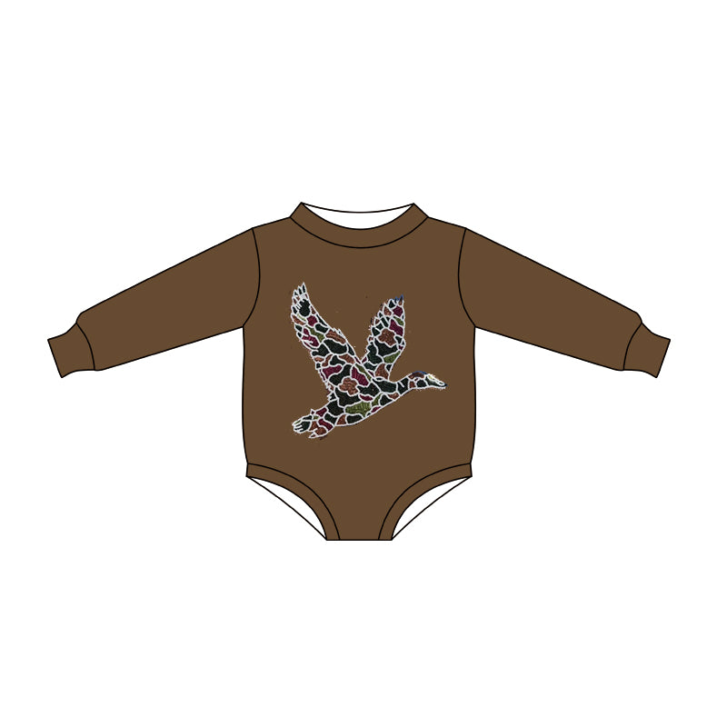 LR2777 Baby Girls Brown Long Sleeve Camo Ducks Rompers  D 1210