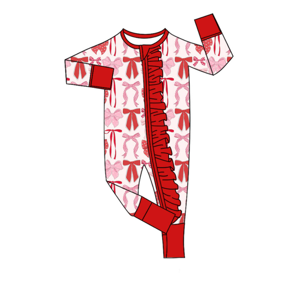 presale LR2780 Baby Girls Red Pink Bows Plaid Valentine Ruffle Zipper Footie Rompers  D 1011