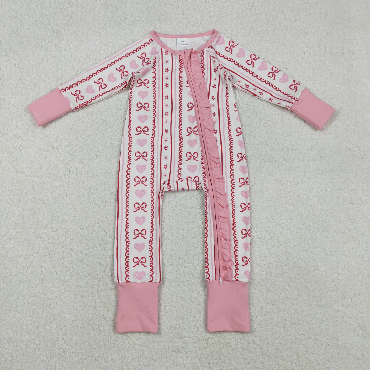 Sibling Baby Girls Pink Hearts Bows Stripes Valentines Pajamas Sets Ruffle Zipper Rompers  D 1206