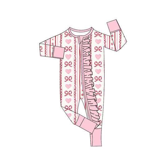 presale LR2781  Baby Girls Pink Bows Hearst Stripe Valentine Ruffle Zipper Footie Rompers  D 1011