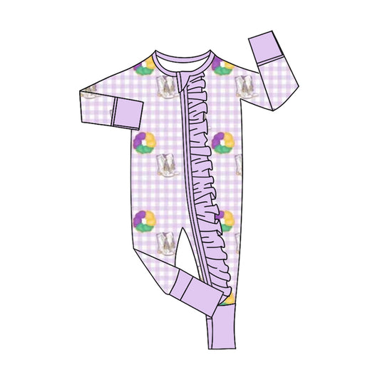 presale LR2783  Baby Girls Mardigras Boots Donuts Checked Ruffle Zipper Footie Rompers D 1011