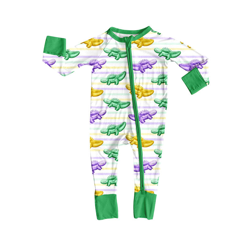 presale LR2784 Baby Girls Mardigras Stripes Crocodiles Zipper Footie Rompers D 1011
