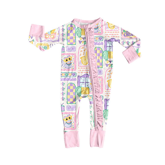 presale LR2785 Baby Girls Mardigras Anchors Masks Checked Ruffle Zipper Footie Rompers D 1011