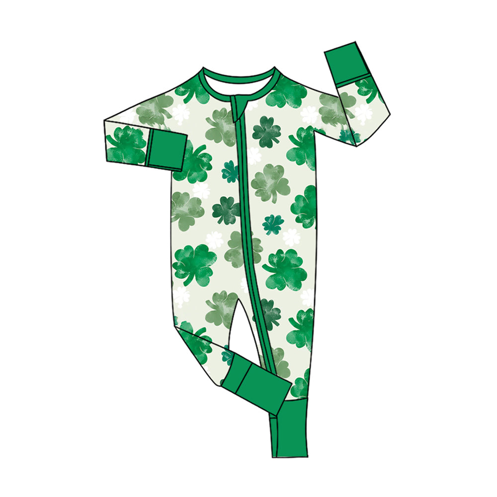 presale LR2787 Baby Girls Green Clovers St Patrick Zipper Footie Rompers D 1011