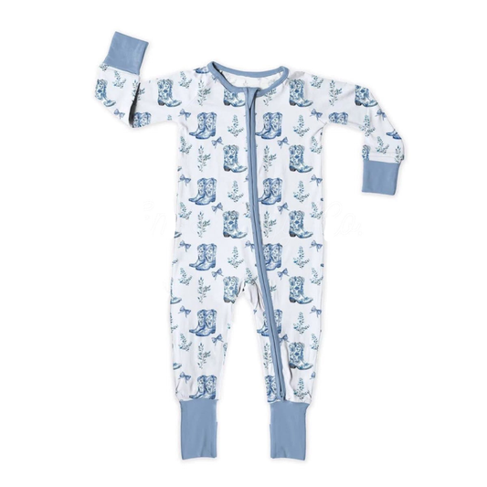 presale LR2789 Baby Girls Blue Boots Bows Zipper Footie Rompers D 1015