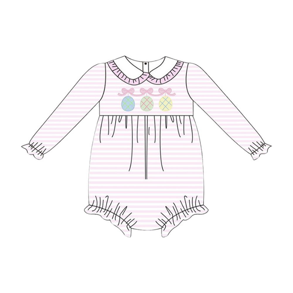 presale LR2790 Baby Girls Pink Stripe Bows Eggs Easter Ruffle Collar Rompers  D 1015
