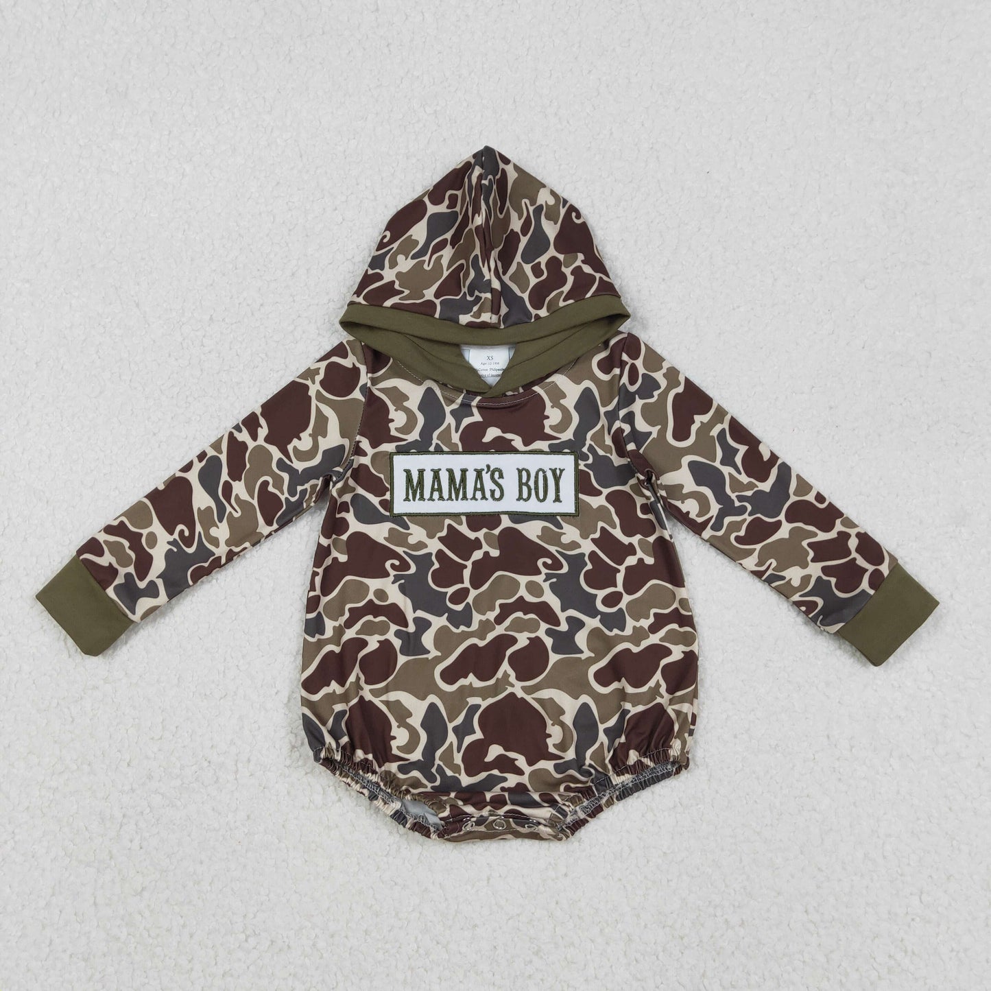 Baby Boys Dark Khaki Camo Hoodie Rompers Embroidery 'Mama's Boy' - Comfortable And Stylish Rompers for Little Ones