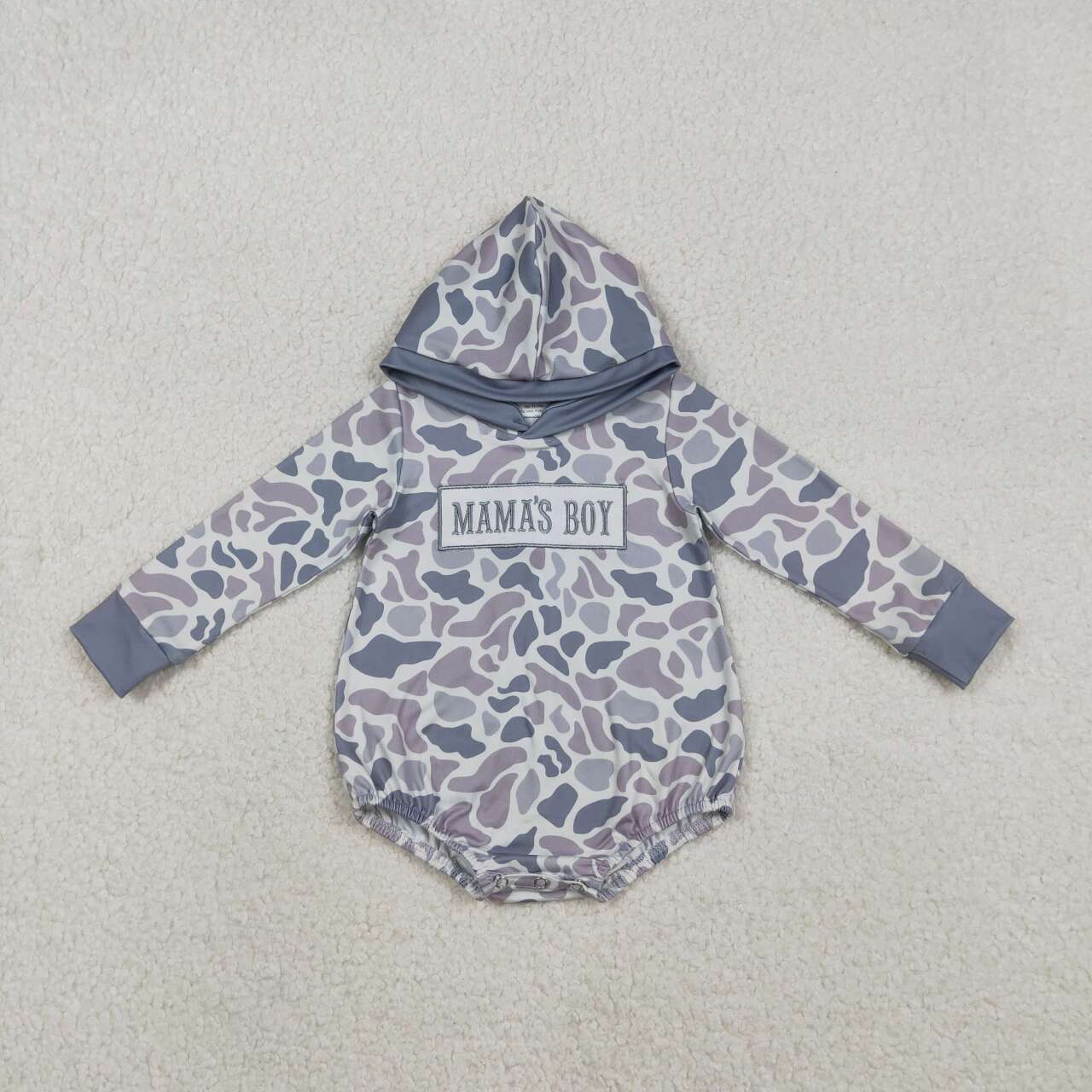 LR2794 Embroidery Mama's Boy Baby Boys Light Grey Camo Hoodie Rompers D 1211