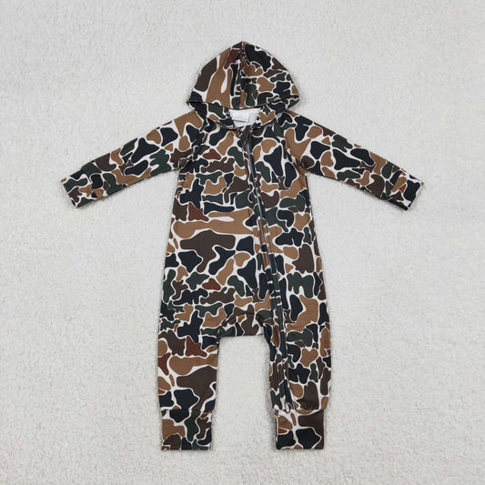 Baby Boys Southern Dark Brown Camo Hoodie Two-Way Zip Convertible Rompers for Infants