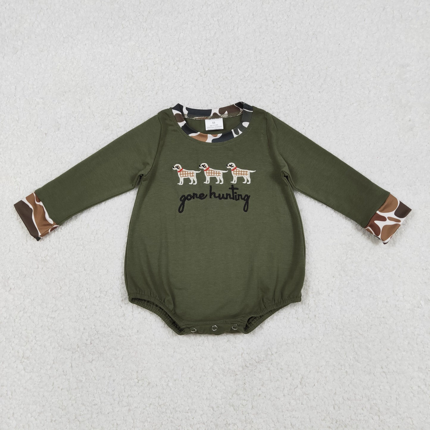 Baby Boys Olive Green Rompers Embroidery 'Gone Hunting Dogs' Cute Baby Outfit Toddler Boys Clothing