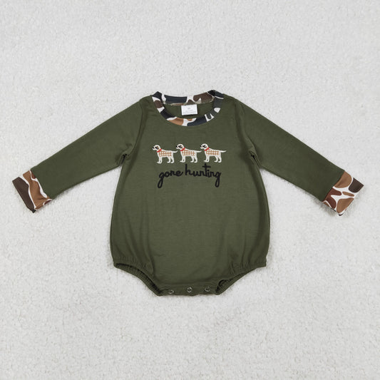 Baby Boys Olive Green Rompers Embroidery 'Gone Hunting Dogs' Cute Baby Outfit Toddler Boys Clothing