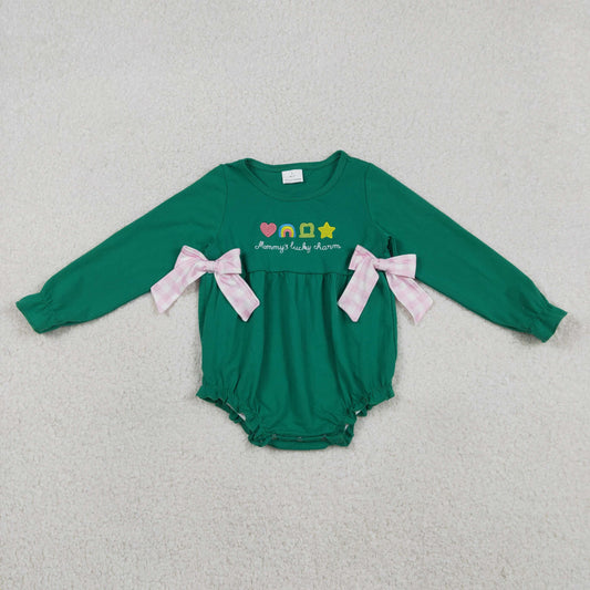 Green Long Sleeve Ruffle Rompers for Baby Girls Embroidered Clovers St. Patrick Bows Design Cute Baby Outfit