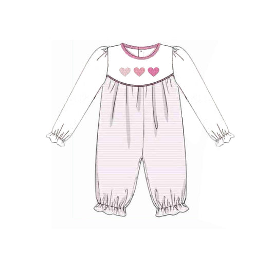 presale LR2848 Baby Girls Long Sleeve Pink Hearts Stripe Valentine Ruffle Footie Rompers D 1104