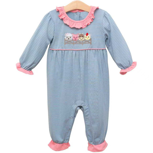 presale LR2849 Baby Girls Long Sleeve Blue Stripe Farm Pigs Cows Ruffle Footie Rompers D 1107