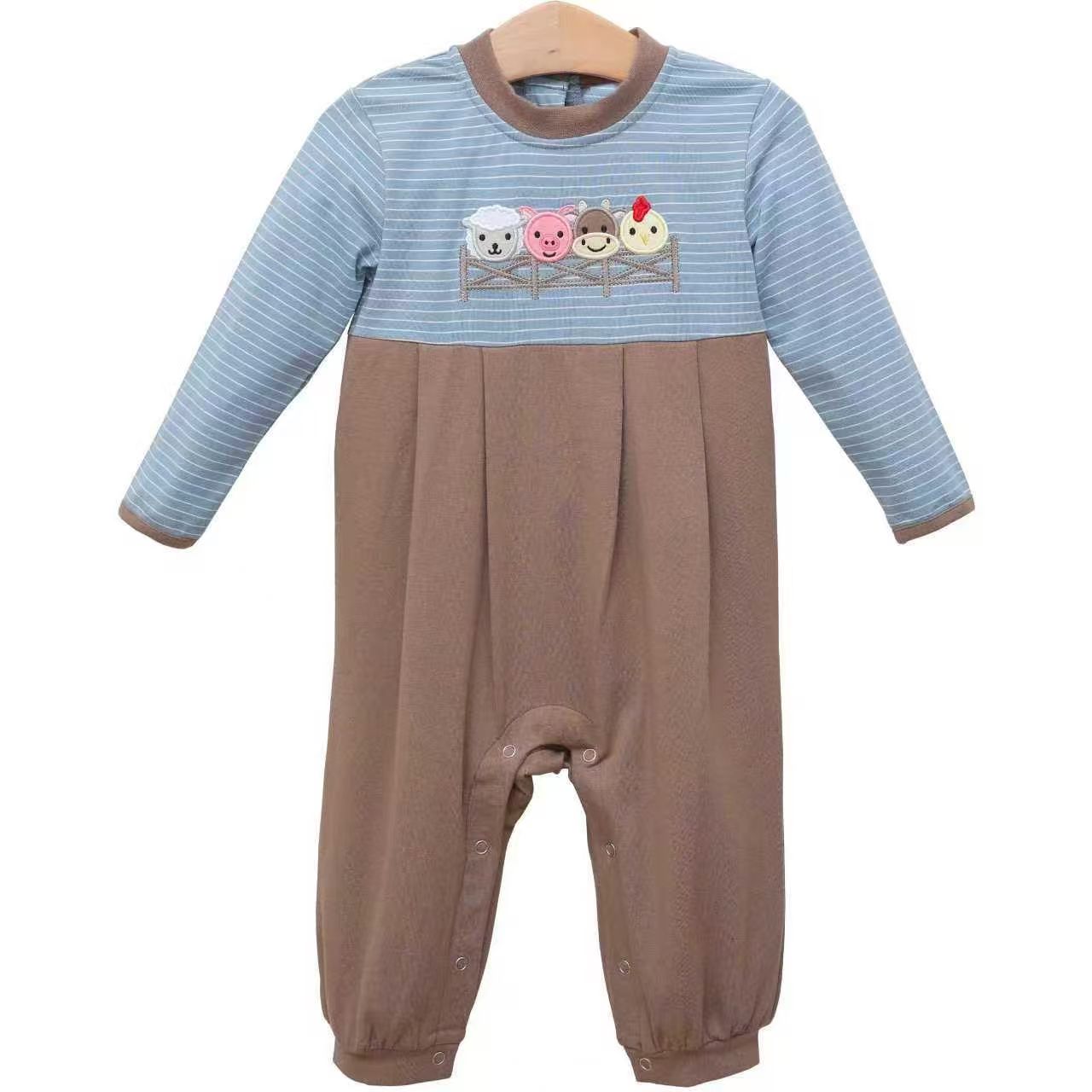 presale LR2850  Baby Boys Long Sleeve Blue Stripe Farm Pigs Cows Footie Rompers D 1107