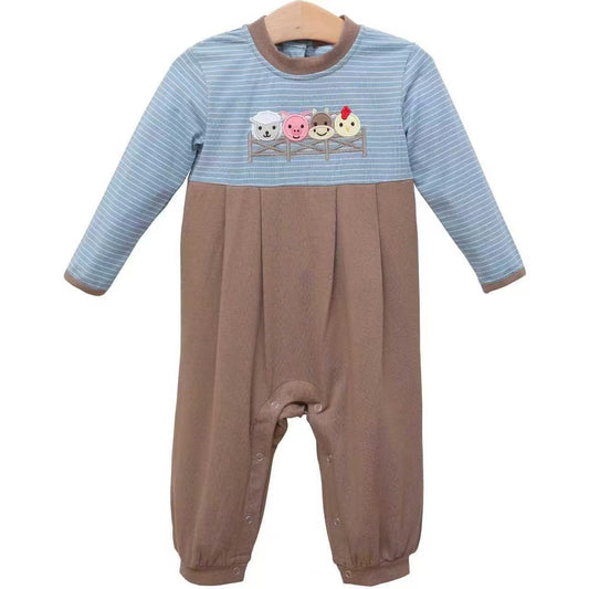 presale LR2850  Baby Boys Long Sleeve Blue Stripe Farm Pigs Cows Footie Rompers D 1107