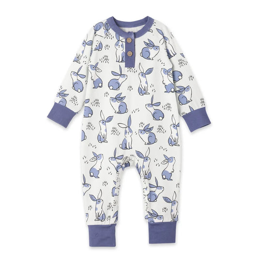 presale LR2851 Baby Boys Blue Rabbits Plaid Button Easter Footie Rompers  D 1107
