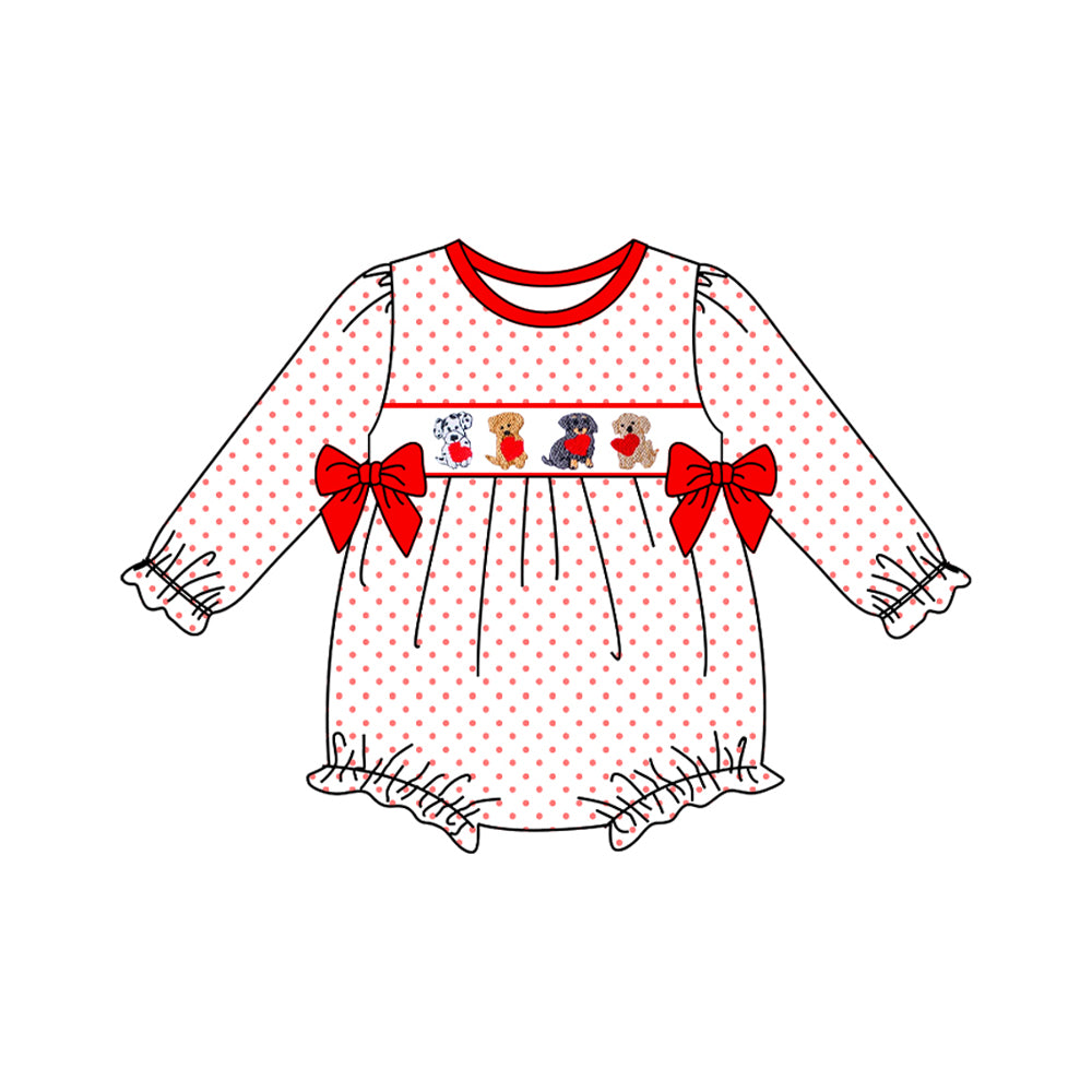 presale LR2854 Baby Girls Long Sleeve Hearts Dogs Polka Dots Valentine Ruffle Rompers  D 1107