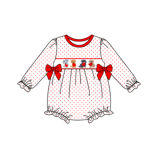 presale LR2854 Baby Girls Long Sleeve Hearts Dogs Polka Dots Valentine Ruffle Rompers D 1107