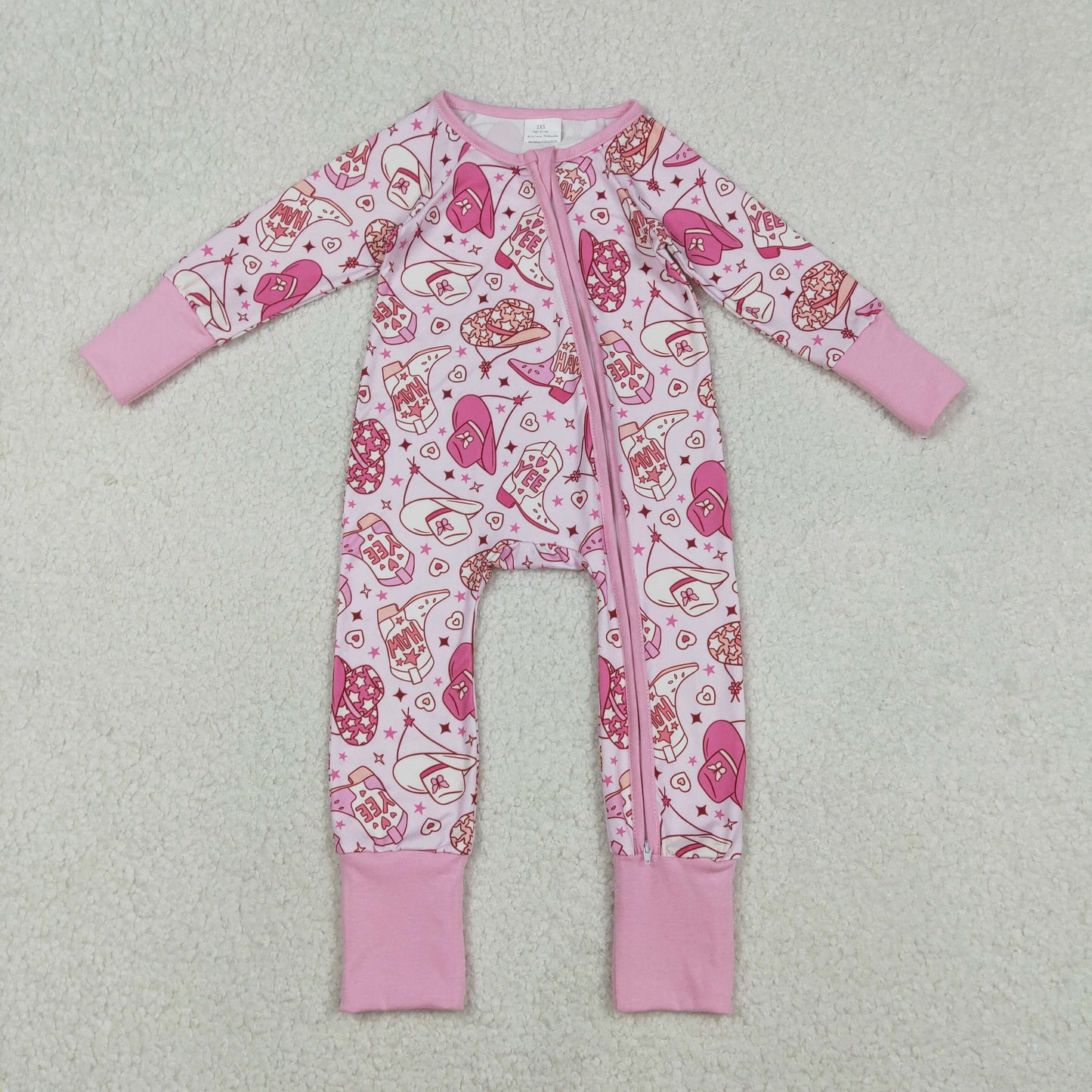 Sibling Baby Girls Pink Pajamas Set with Hats Boots Top Pants Western Theme Zipper Rompers for Infants