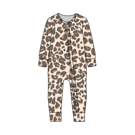 presale LR2861 Baby Boys Long Sleeve Khaki Leopard Zipper Footie Rompers D 1115