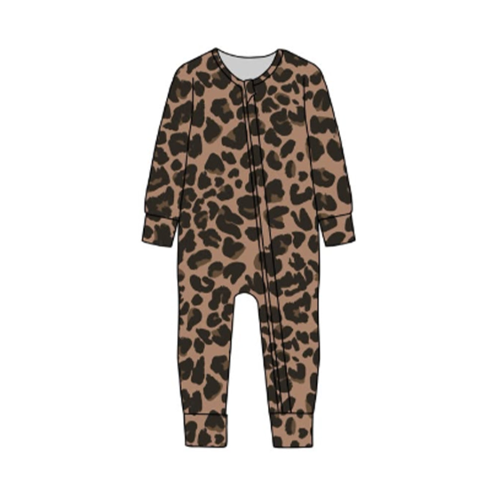 presale LR2862 Baby Boys Long Sleeve Brown Leopard Zipper Footie Rompers  D 1115