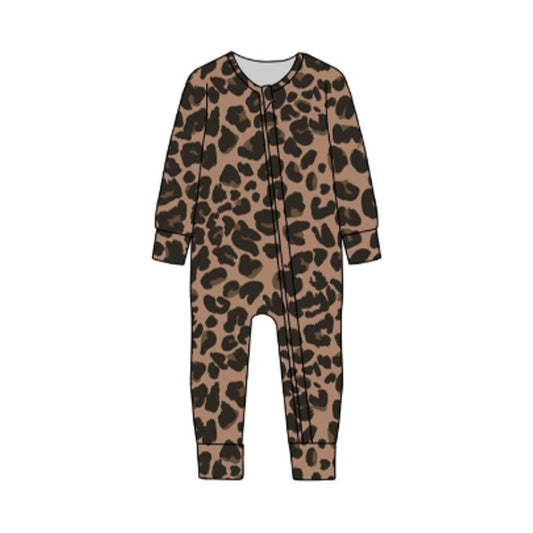 presale LR2862 Baby Boys Long Sleeve Brown Leopard Zipper Footie Rompers  D 1115