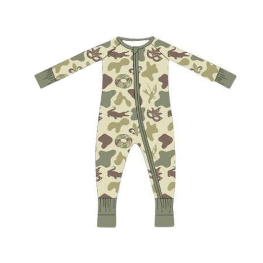 presale  LR2865  Baby Boys Green Camo Donuts Masks Mardigras Zipper Footie Rompers  D 1115