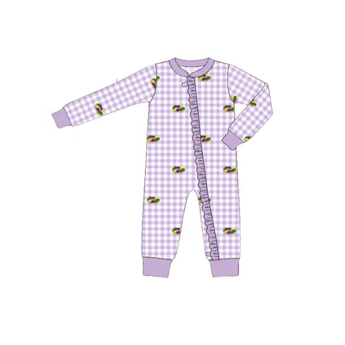 presale LR2867 Baby Girls Mardigras Donuts Checked Ruffle Zipper Footie Rompers    D 1115