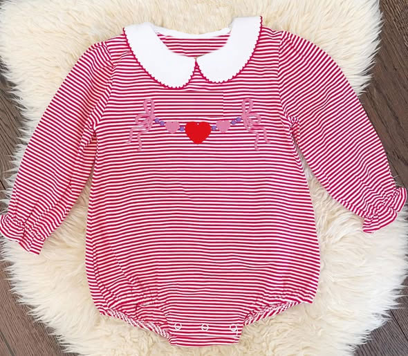 presale   LR2871  Baby Girls Red Stripe Bows Hearts Valentine Collar Ruffle Rompers  D 1121