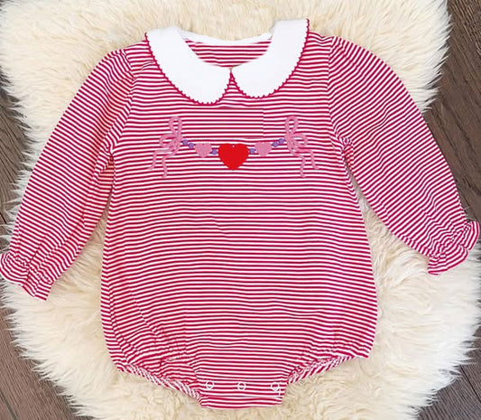 presale LR2871 Baby Girls Red Stripe Bows Hearts Valentine Collar Ruffle Rompers D 1121