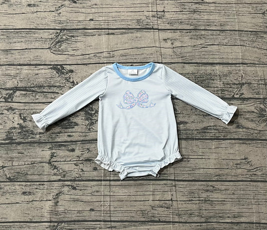 Pre-order Baby Girls Blue Stripe Floral Bows Ruffle Rompers