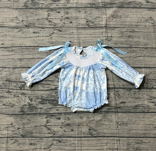 Pre-order Baby Girls Blue Bows Flowers Checked Ruffle Rompers