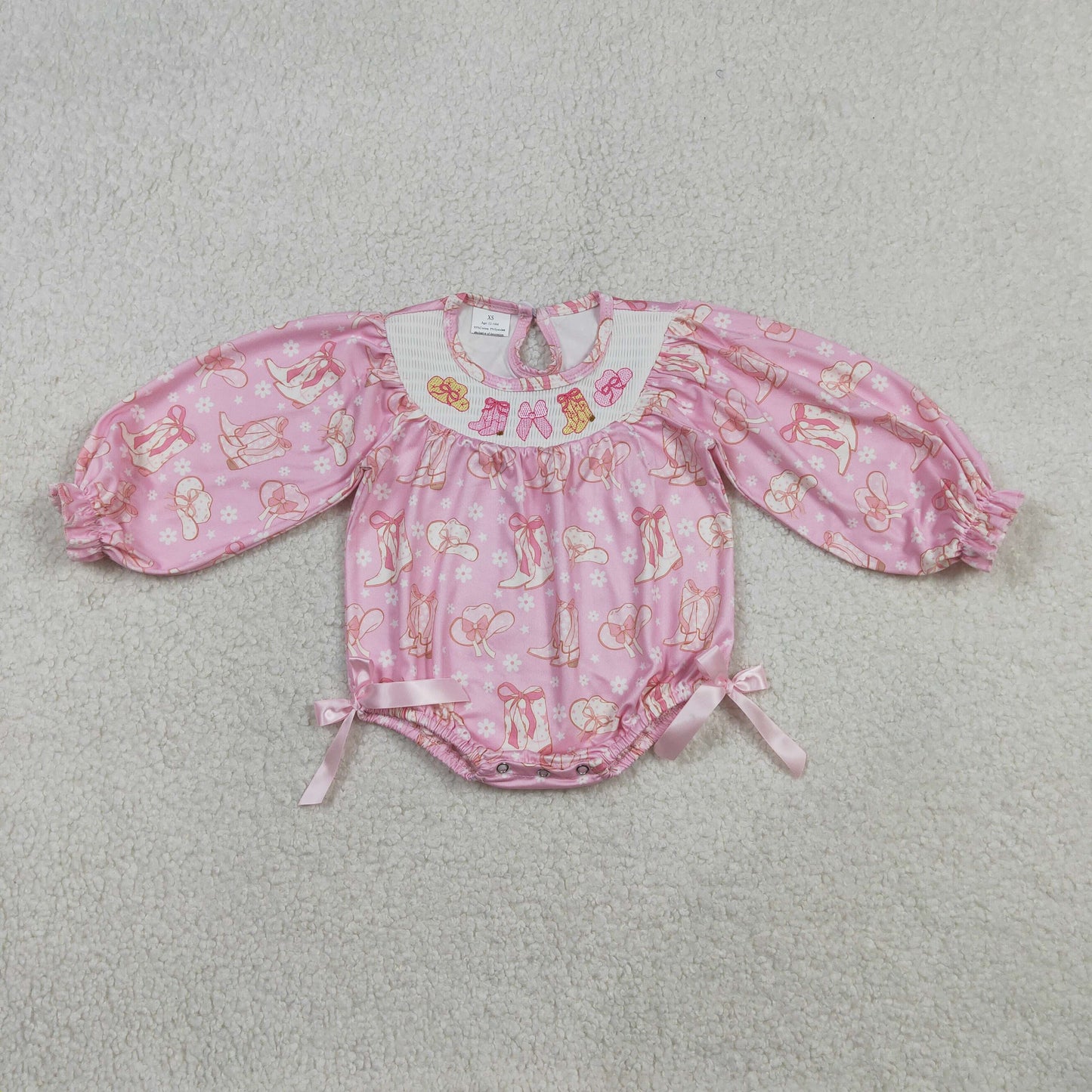 Baby Girls Western Ruffle Rompers Smocked Boots Bows Pink Flowers Design Cute Toddler Outfit