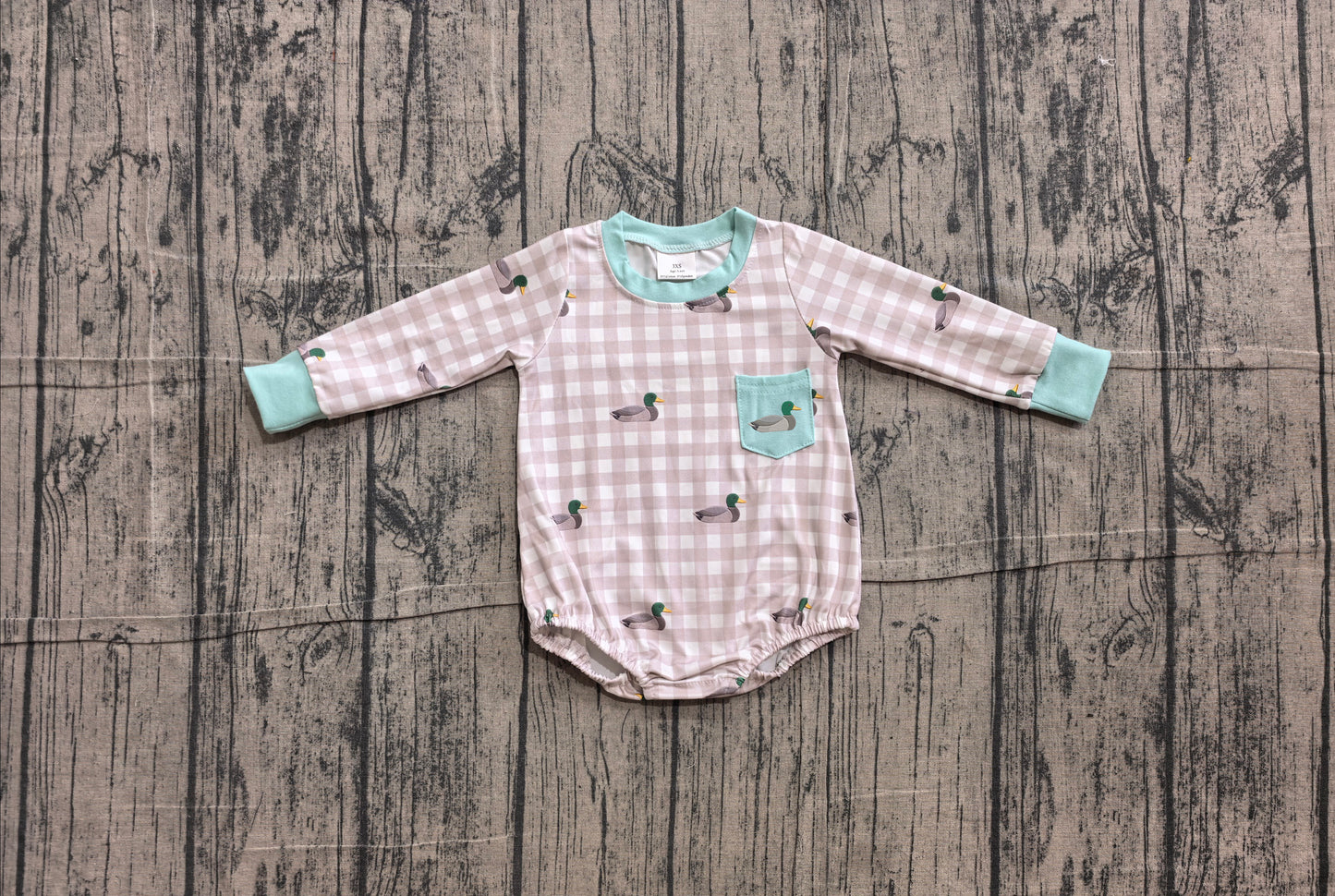 Pre order embroidery long sleeve plaid duck romper with pocket
