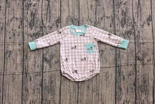 Pre order embroidery long sleeve plaid duck romper with pocket