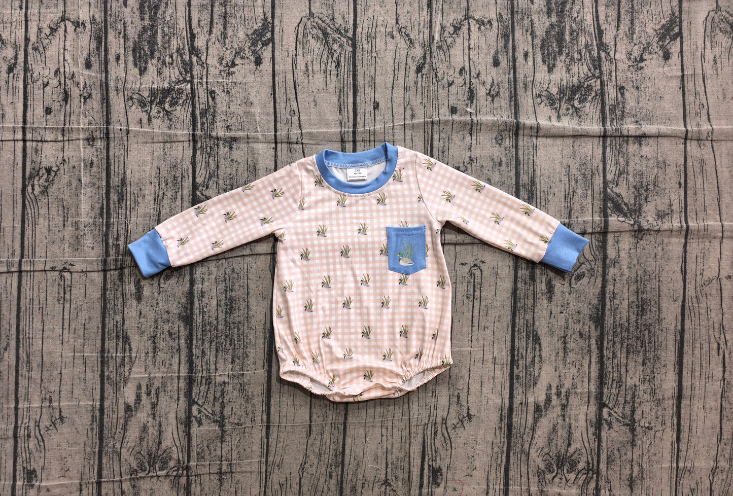 Pre order embroidery long sleeve duck gingham romper with pocket
