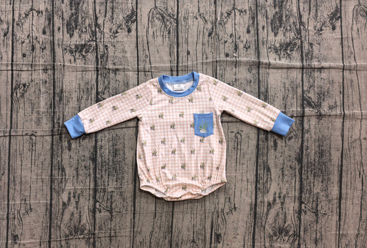 Pre order embroidery long sleeve duck gingham romper with pocket