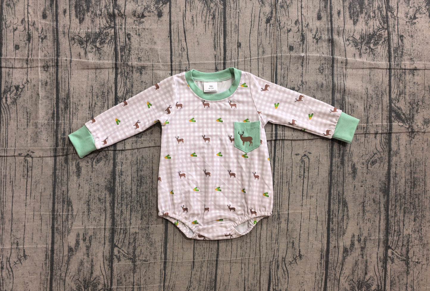 Pre order embroidery long sleeve deer gingham romper with pocket