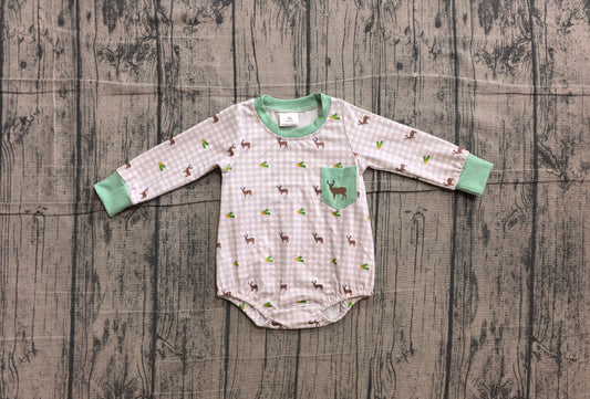 Pre order embroidery long sleeve deer gingham romper with pocket