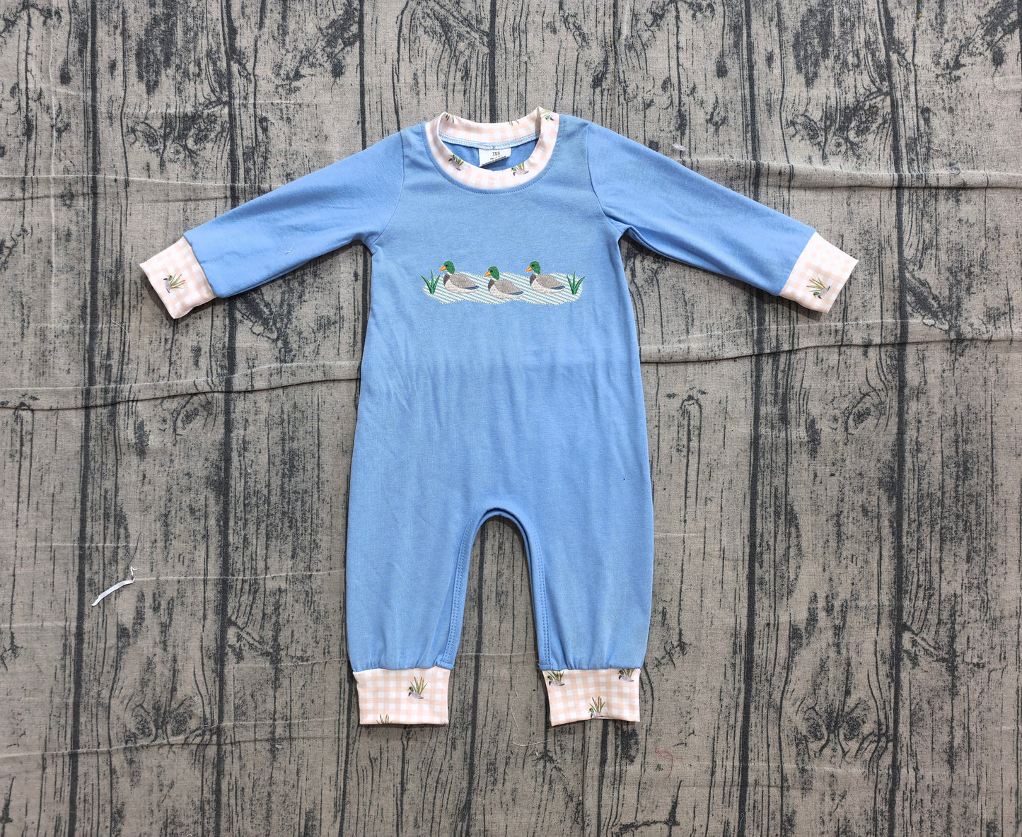 Pre order blue long sleeve duck embroidery romper