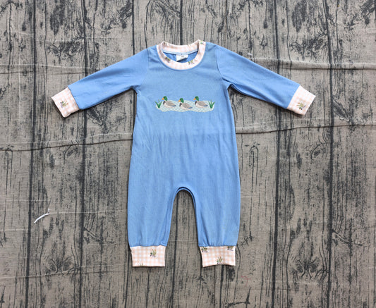 Pre order blue long sleeve duck embroidery romper