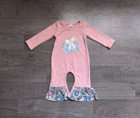Pre order pink ruffle floral pumpkin embroidery girl romper