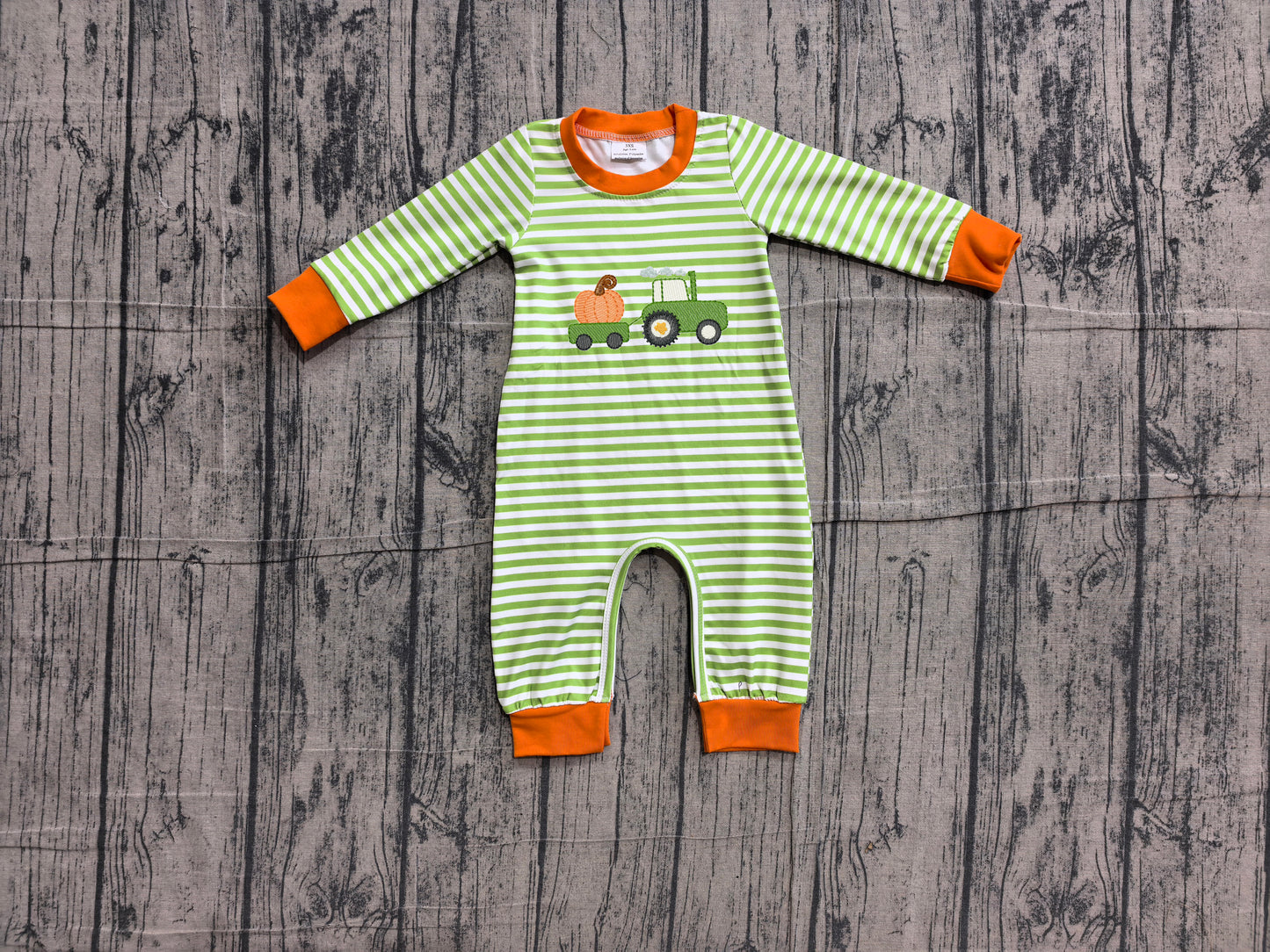 Pre order green long sleeve pumpkin tractor embroidery romper