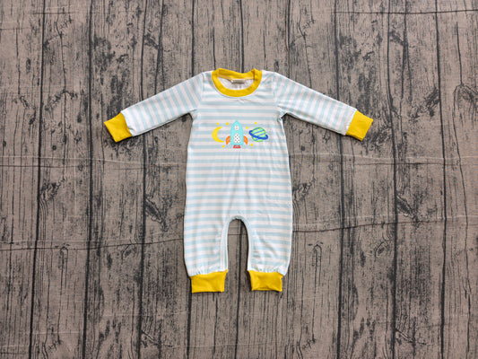 Pre order blue long sleeve outer space rocketship stars embroidery romper